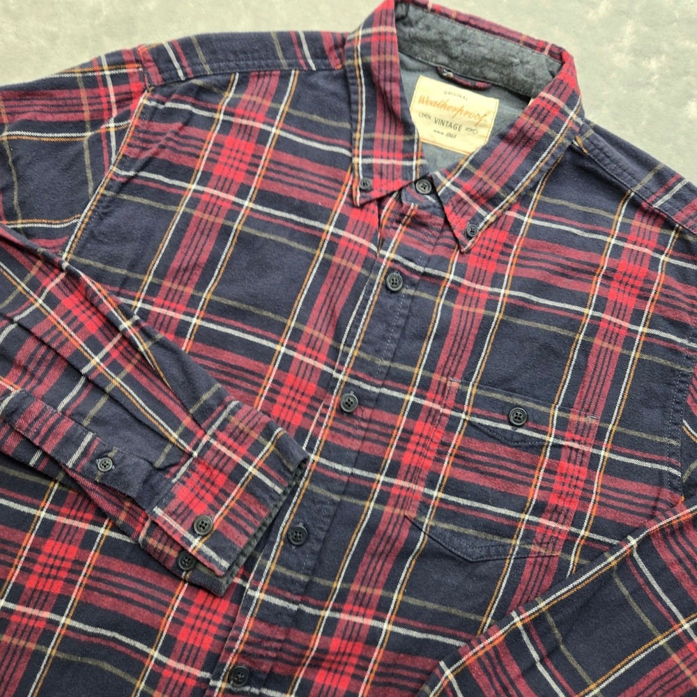 Weatherproof Vintage Mens Large Navy Red‎ Plaid Flannel Button Down Shirt Cotton